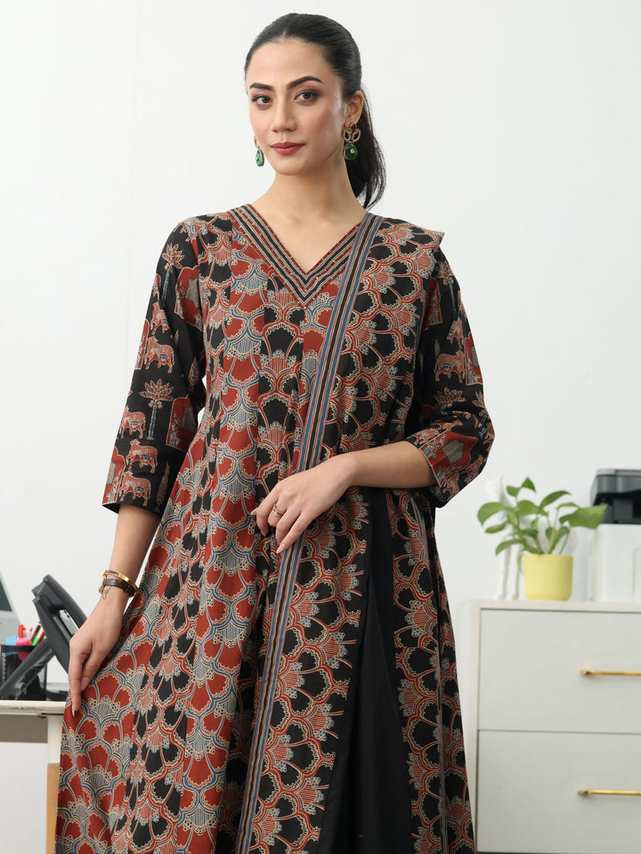 Multi Ethnic Motifs Printed Cotton Blend A-Line Suit Set With Dupatta