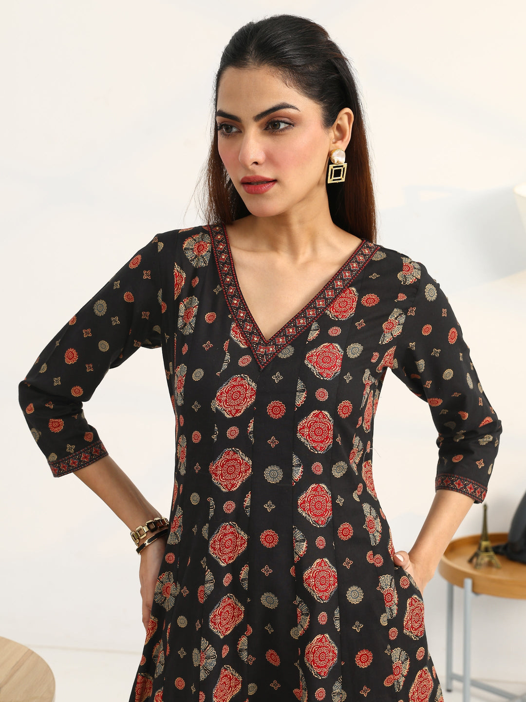 Black Ethnic Motifs Printed Cotton Blend A-Line Suit Set With Dupatta