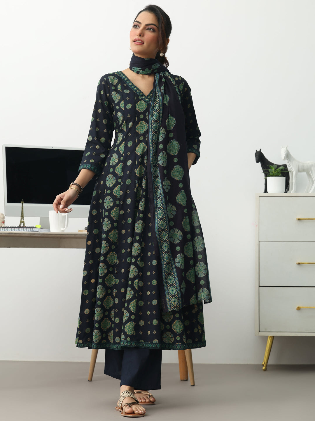 Navy Blue Ethnic Motifs Printed Cotton Blend A-Line Suit Set With Dupatta
