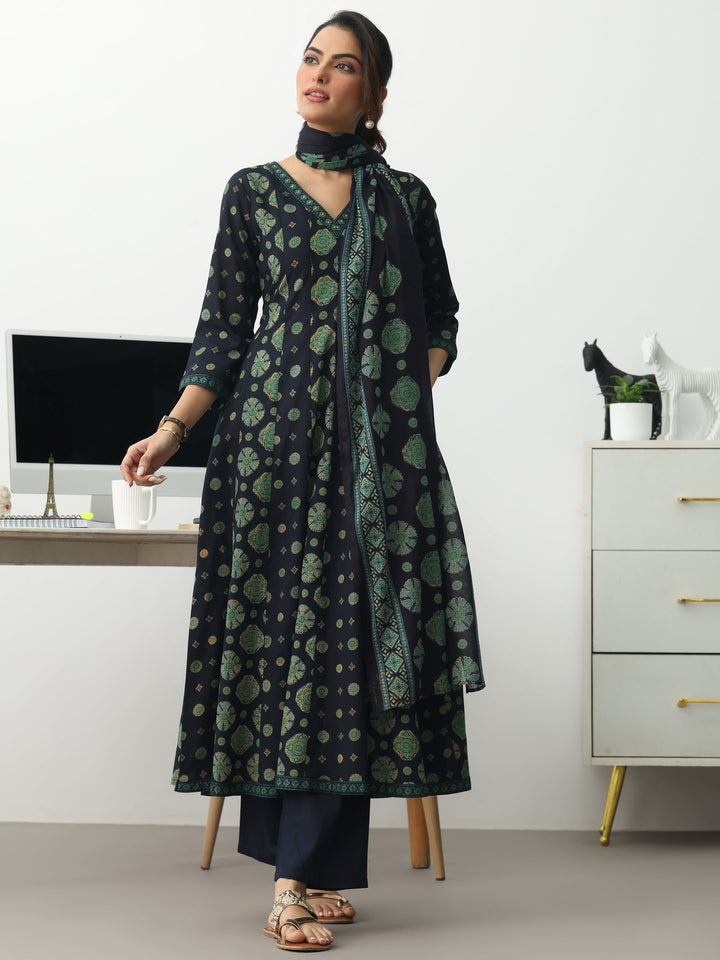 Navy Blue Ethnic Motifs Printed Cotton Blend A-Line Suit Set With Dupatta