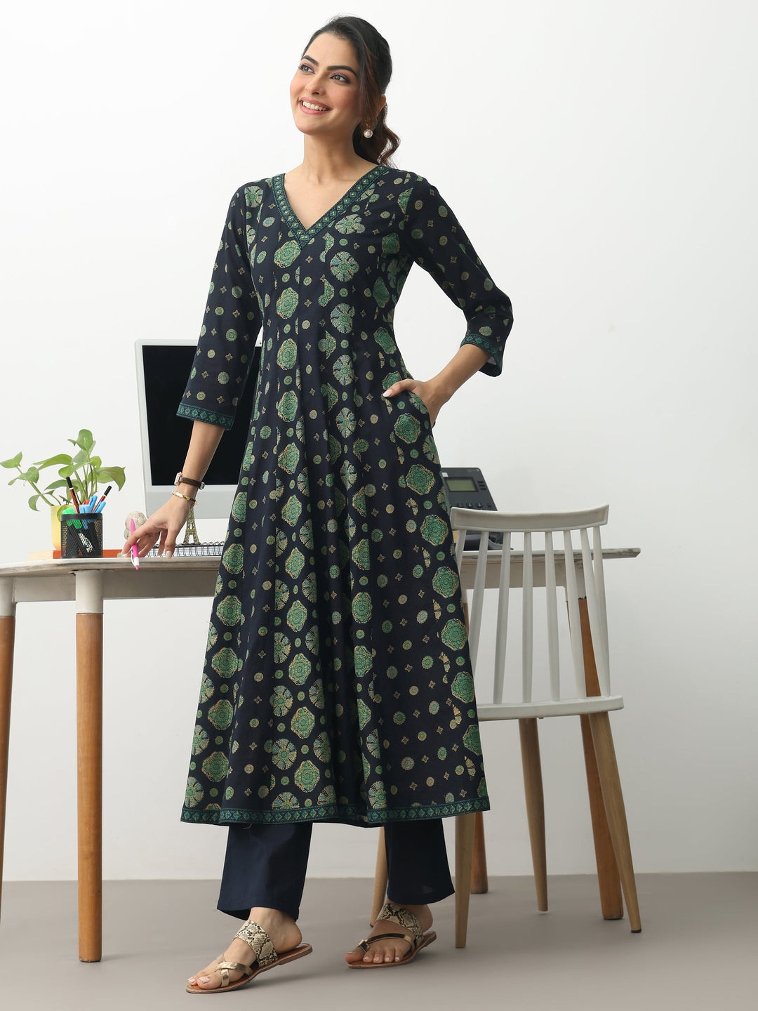 Navy Blue Ethnic Motifs Printed Cotton Blend A-Line Suit Set With Dupatta