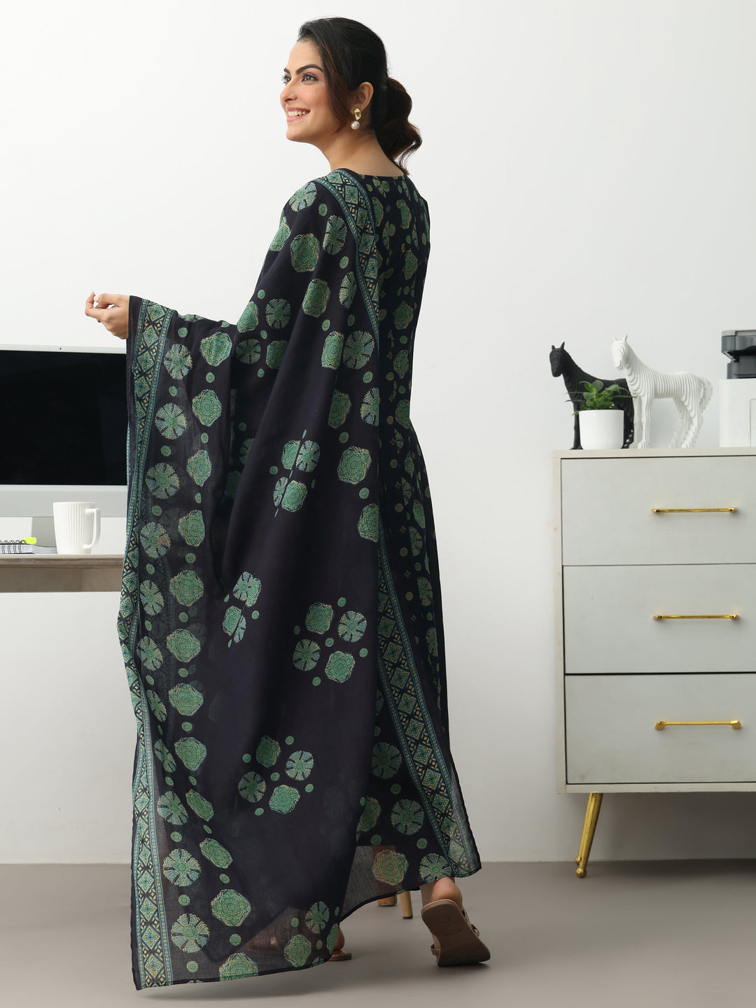 Navy Blue Ethnic Motifs Printed Cotton Blend A-Line Suit Set With Dupatta
