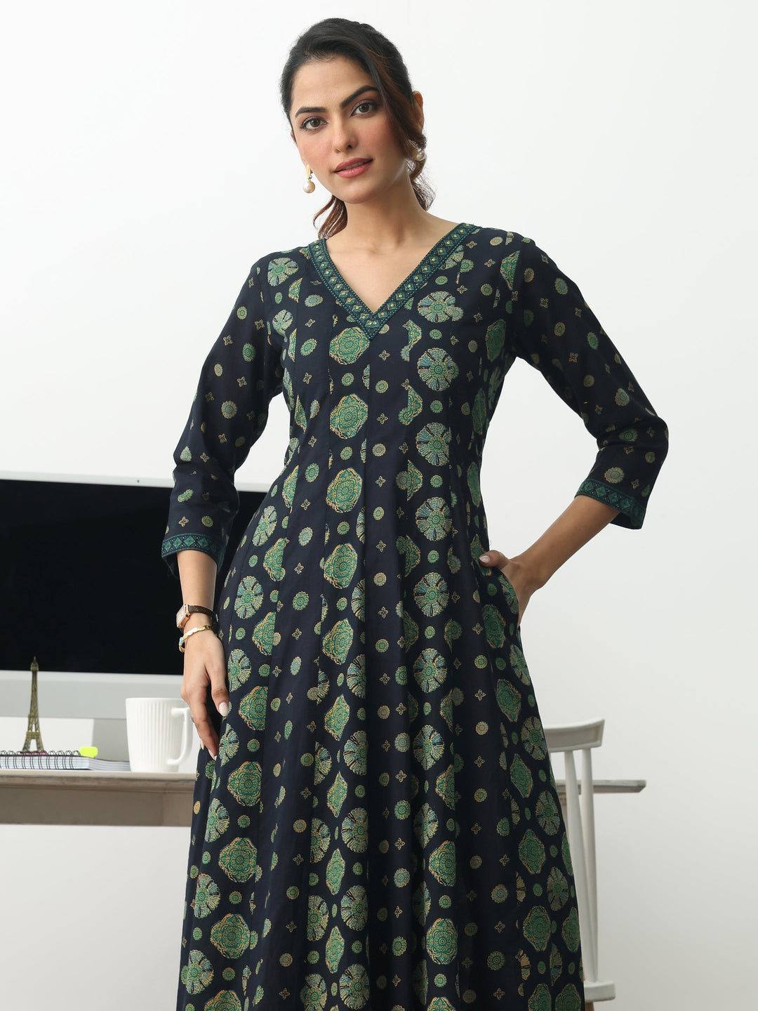 Navy Blue Ethnic Motifs Printed Cotton Blend A-Line Suit Set With Dupatta