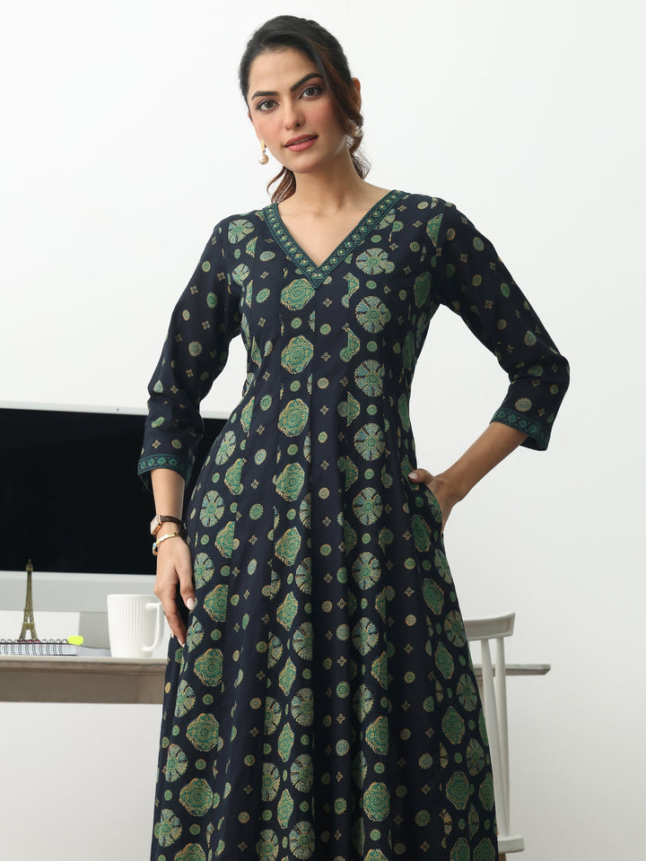 Navy Blue Ethnic Motifs Printed Cotton Blend A-Line Suit Set With Dupatta