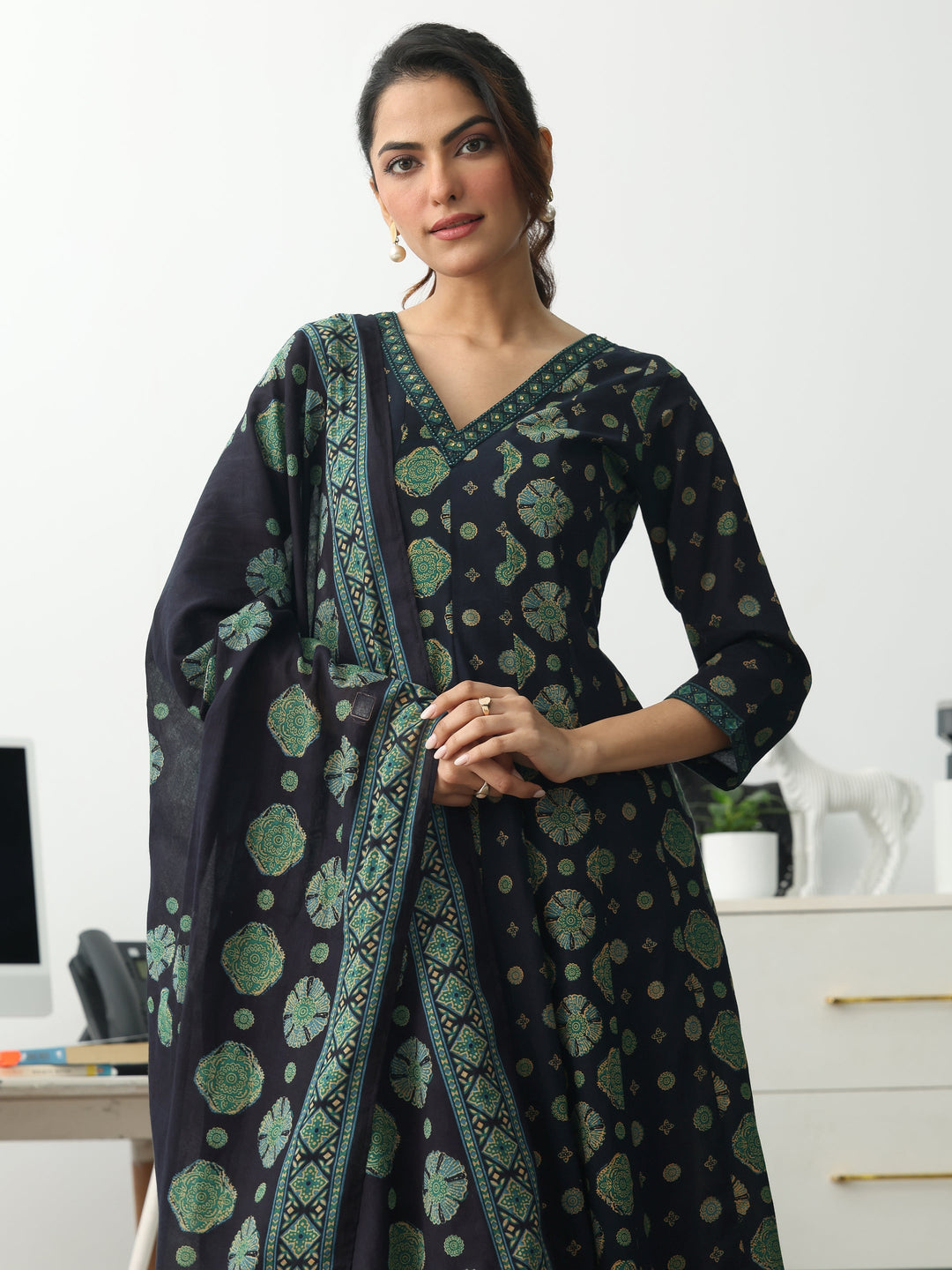 Navy Blue Ethnic Motifs Printed Cotton Blend A-Line Suit Set With Dupatta