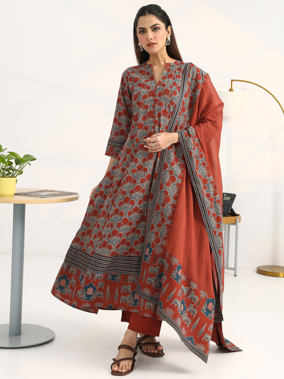 Rust Ethnic Motifs Printed Cotton Blend A-Line Suit Set With Dupatta