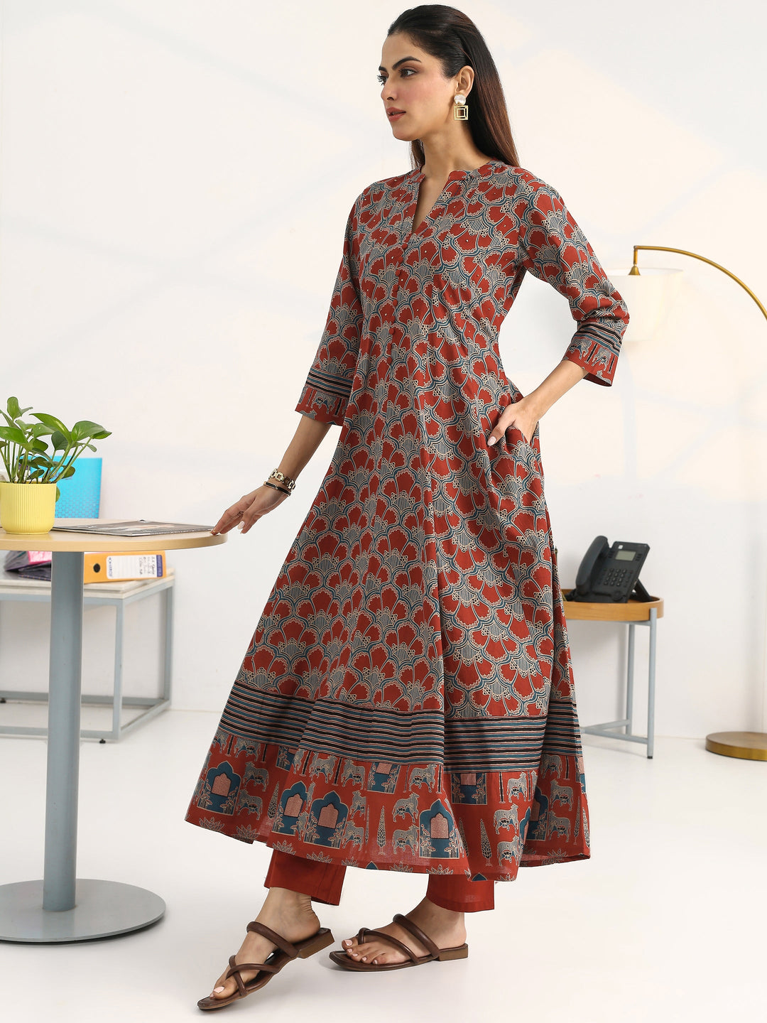 Rust Ethnic Motifs Printed Cotton Blend A-Line Suit Set With Dupatta