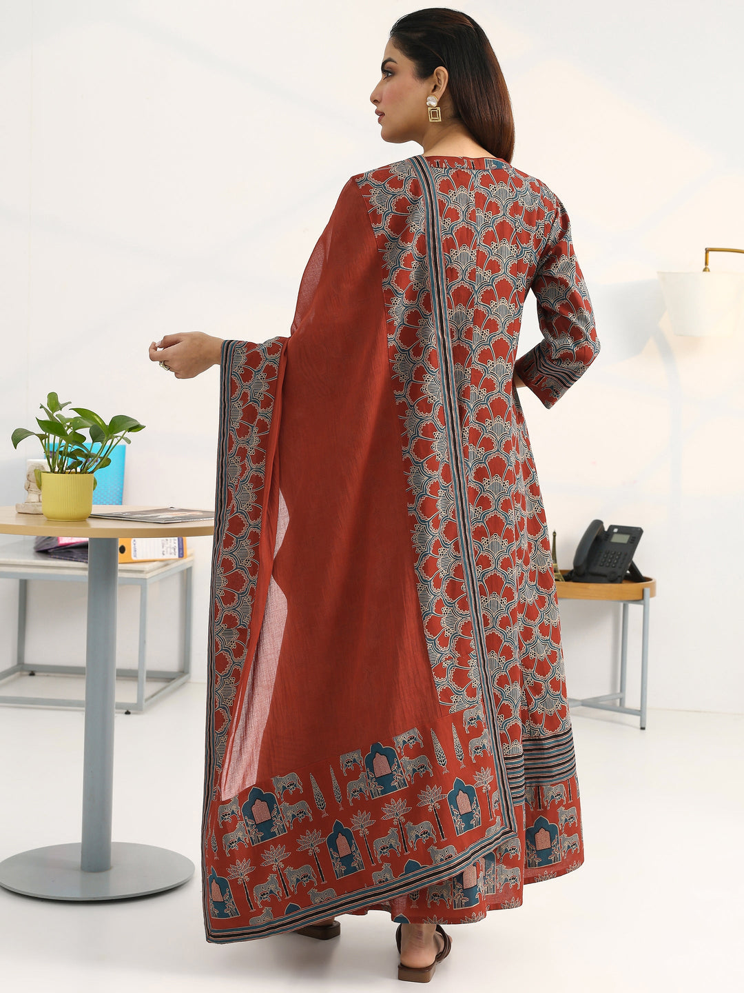 Rust Ethnic Motifs Printed Cotton Blend A-Line Suit Set With Dupatta