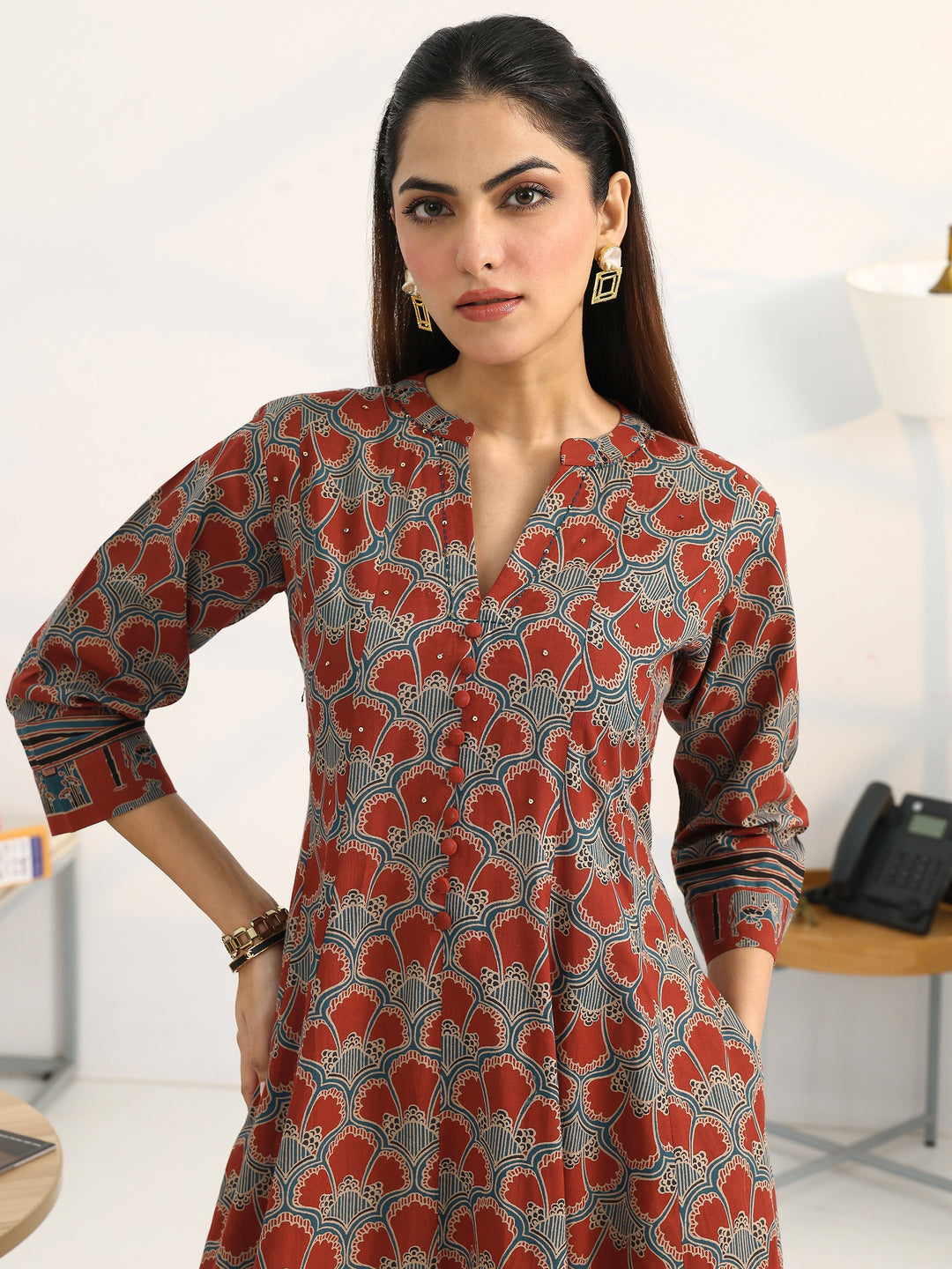Rust Ethnic Motifs Printed Cotton Blend A-Line Suit Set With Dupatta
