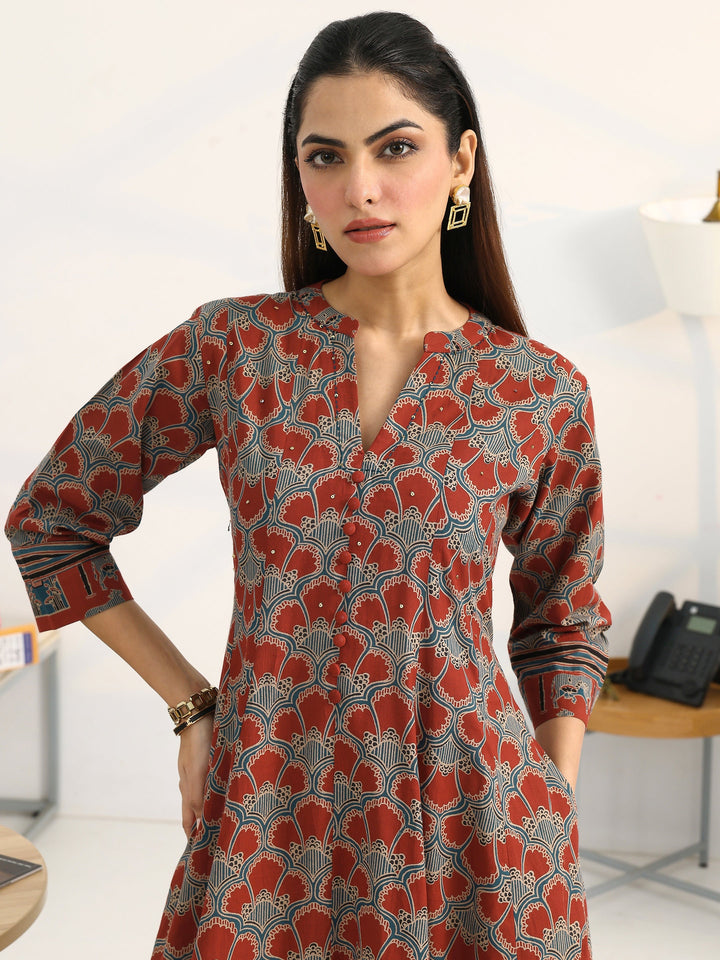 Rust Ethnic Motifs Printed Cotton Blend A-Line Suit Set With Dupatta