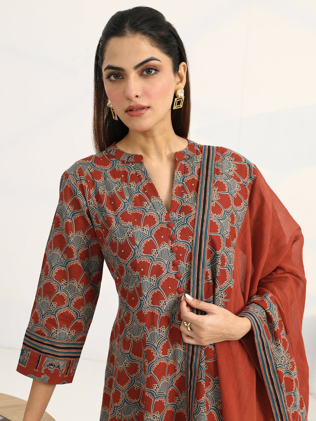 Rust Ethnic Motifs Printed Cotton Blend A-Line Suit Set With Dupatta