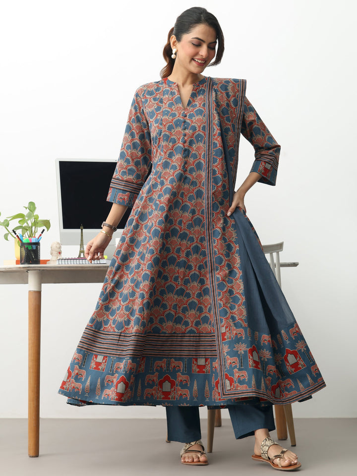 Blue Ethnic Motifs Printed Cotton Blend A-Line Suit Set With Dupatta
