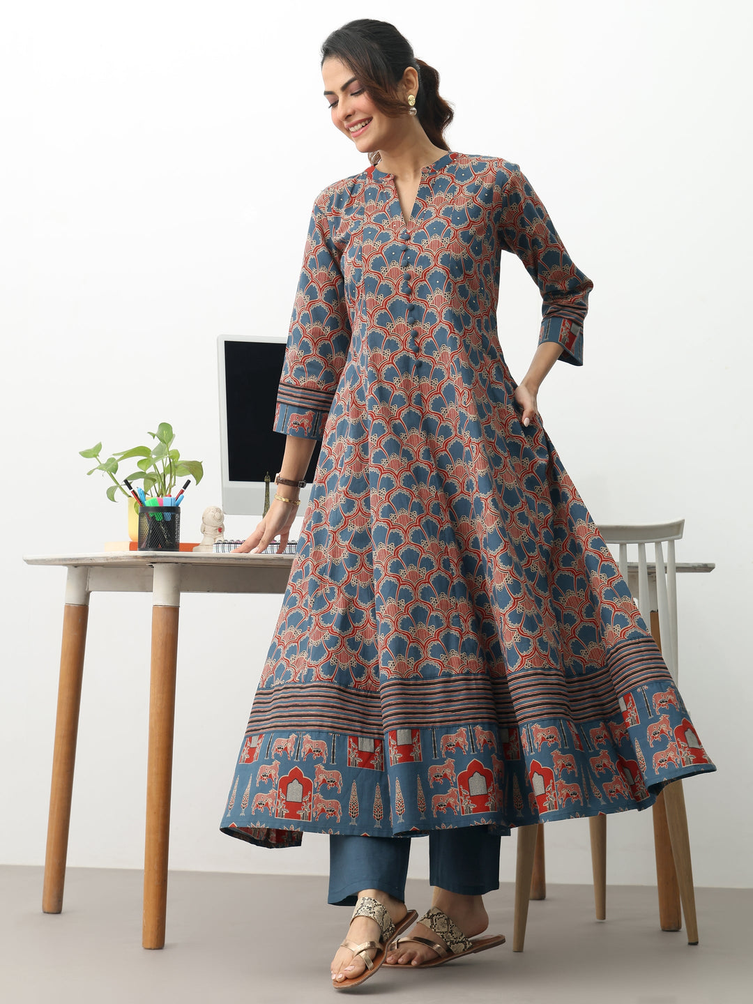 Blue Ethnic Motifs Printed Cotton Blend A-Line Suit Set With Dupatta