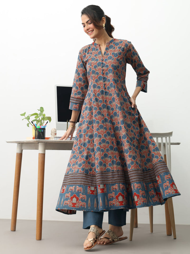 Blue Ethnic Motifs Printed Cotton Blend A-Line Suit Set With Dupatta