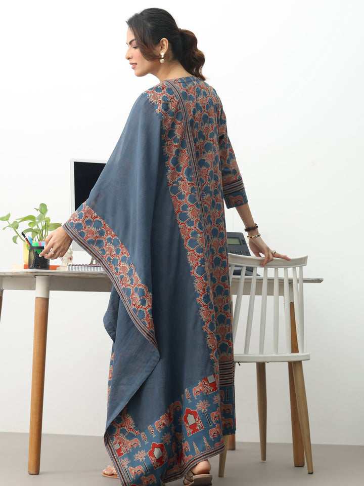 Blue Ethnic Motifs Printed Cotton Blend A-Line Suit Set With Dupatta