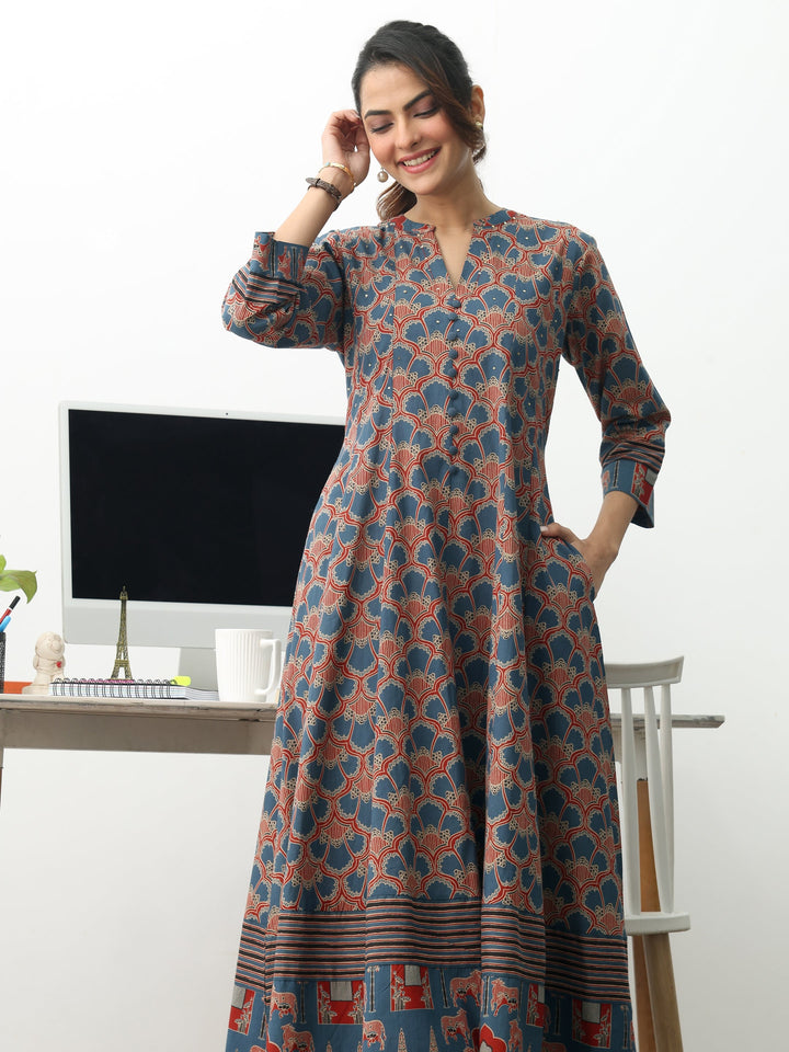 Blue Ethnic Motifs Printed Cotton Blend A-Line Suit Set With Dupatta