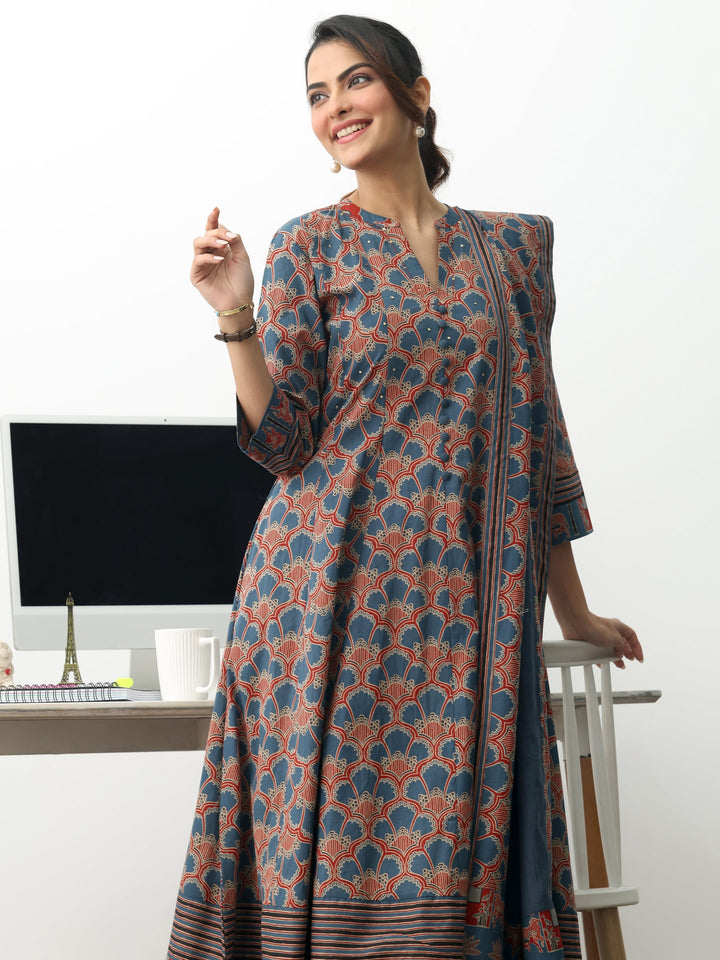 Blue Ethnic Motifs Printed Cotton Blend A-Line Suit Set With Dupatta