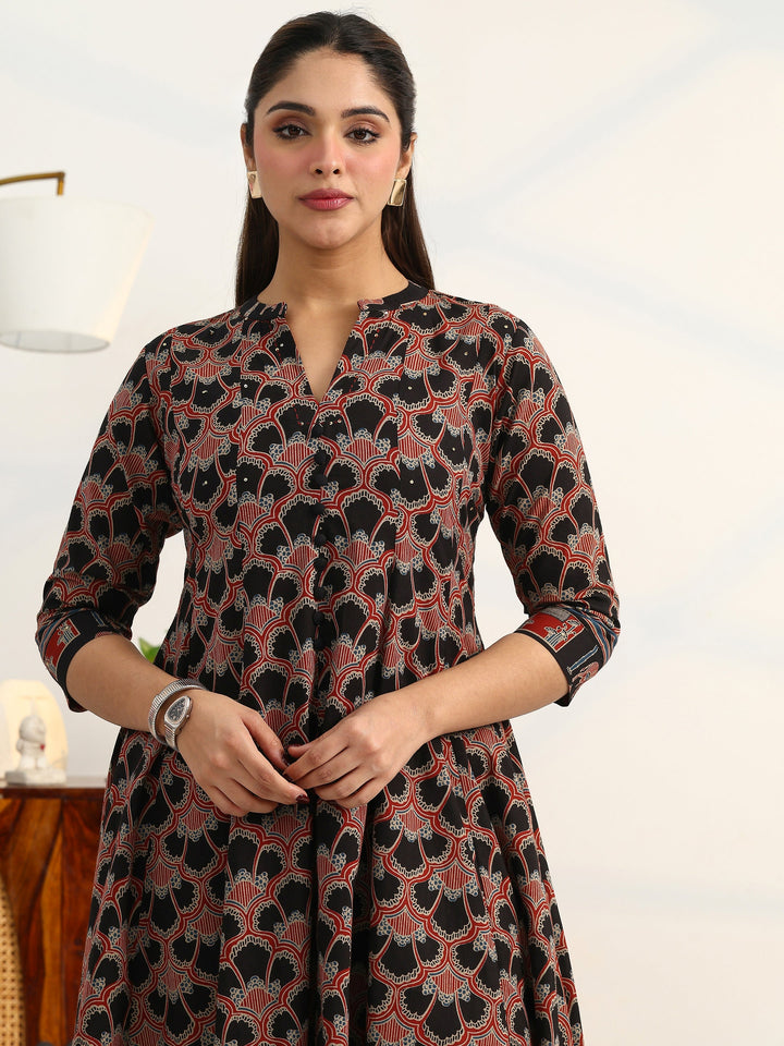 Black Ethnic Motifs Printed Cotton Blend A-Line Suit Set With Dupatta