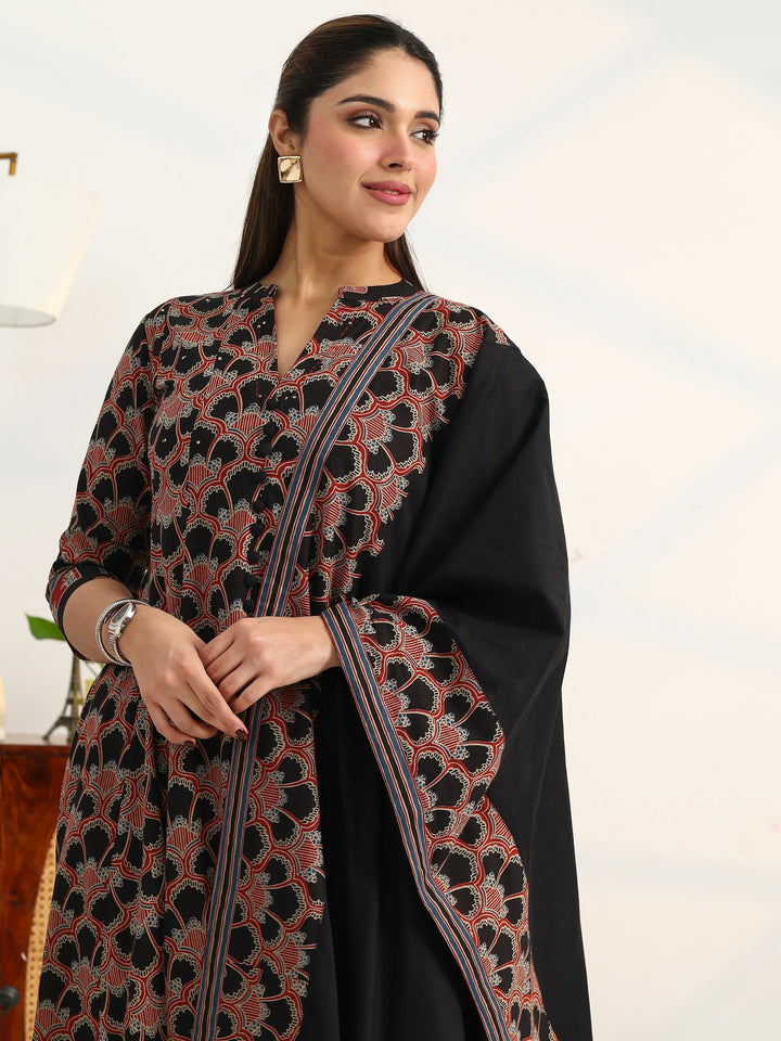 Black Ethnic Motifs Printed Cotton Blend A-Line Suit Set With Dupatta