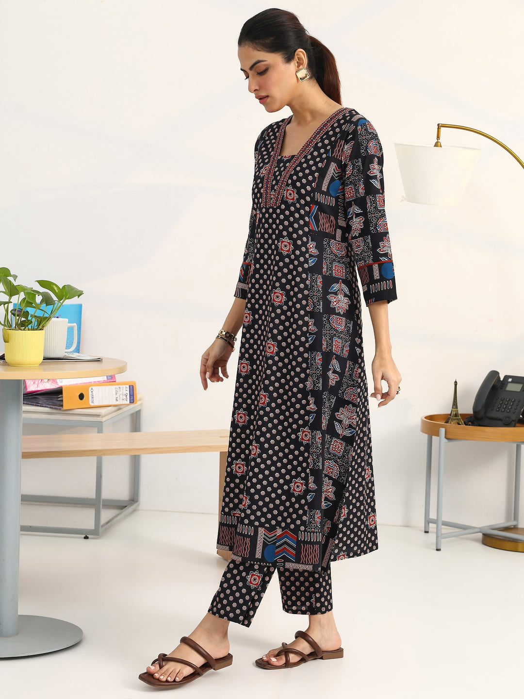 Black Ethnic Motifs Printed Cotton Blend A-Line Suit Set With Dupatta