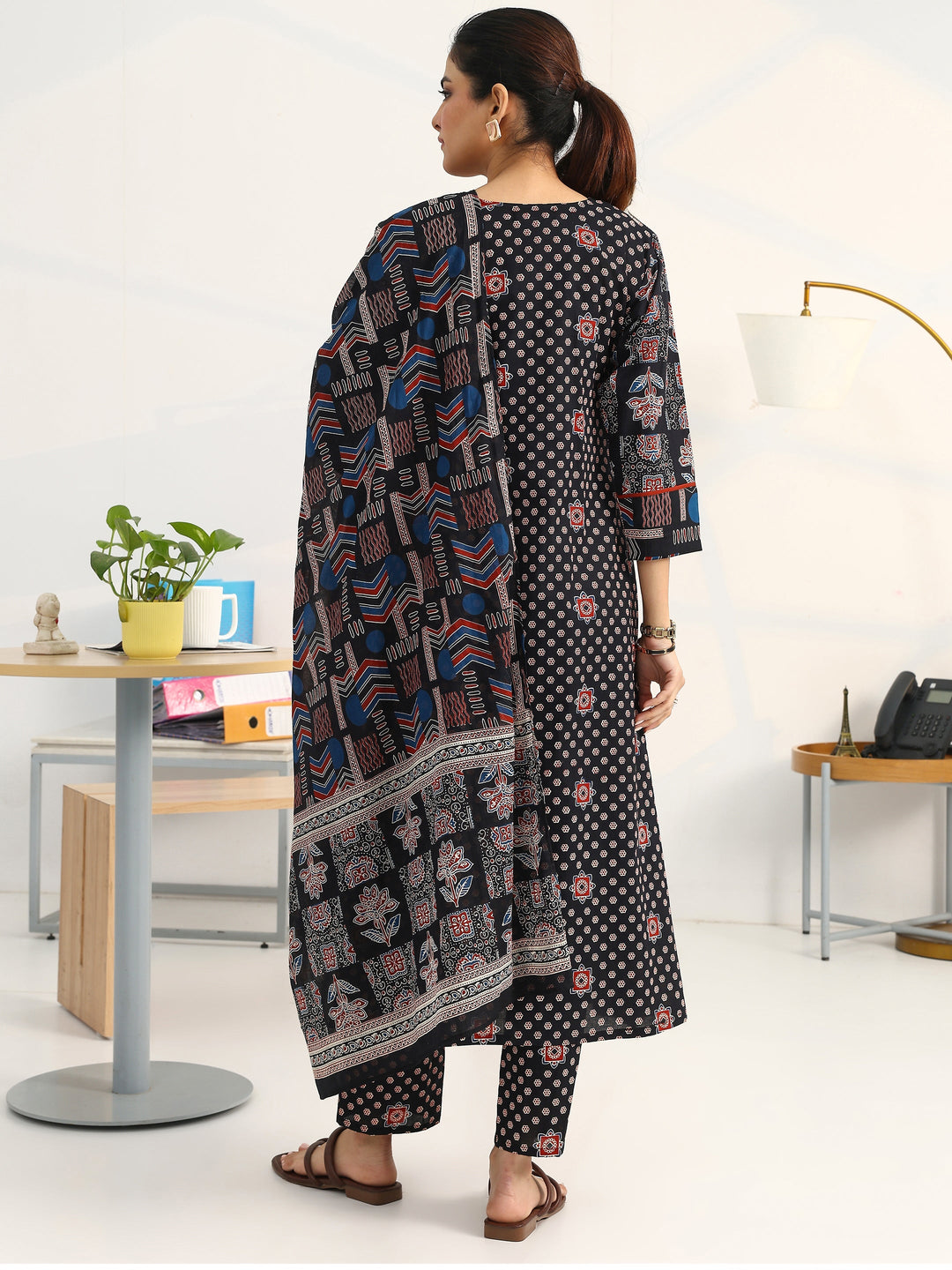 Black Ethnic Motifs Printed Cotton Blend A-Line Suit Set With Dupatta