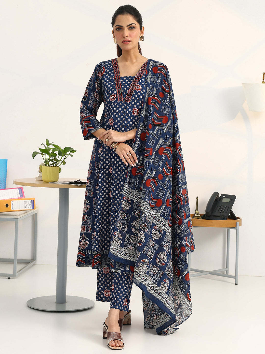 Blue Ethnic Motifs Printed Cotton Blend A-Line Suit Set With Dupatta