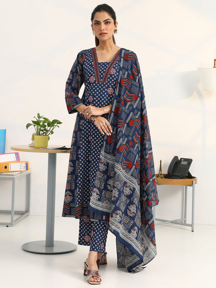 Blue Ethnic Motifs Printed Cotton Blend A-Line Suit Set With Dupatta