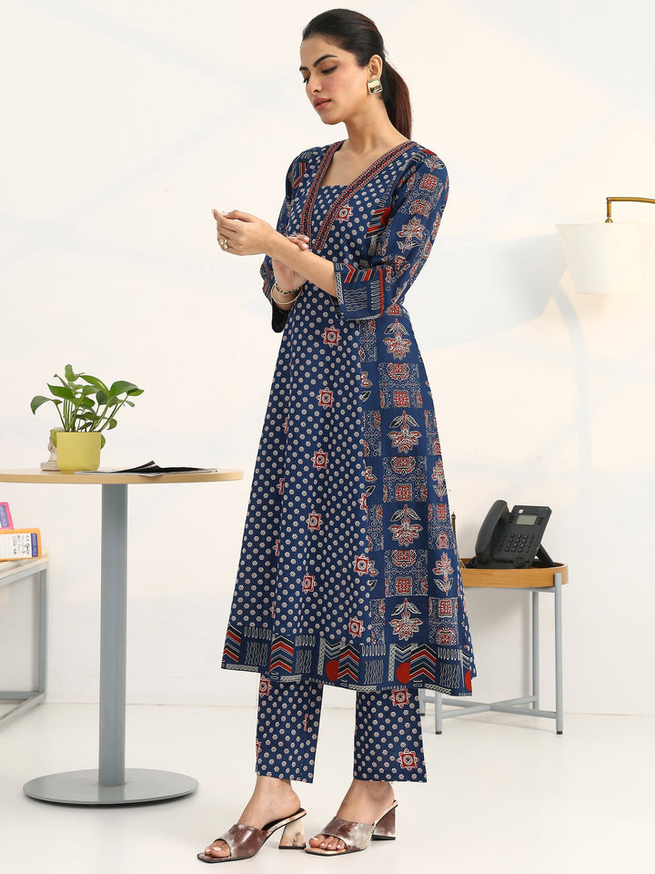 Blue Ethnic Motifs Printed Cotton Blend A-Line Suit Set With Dupatta