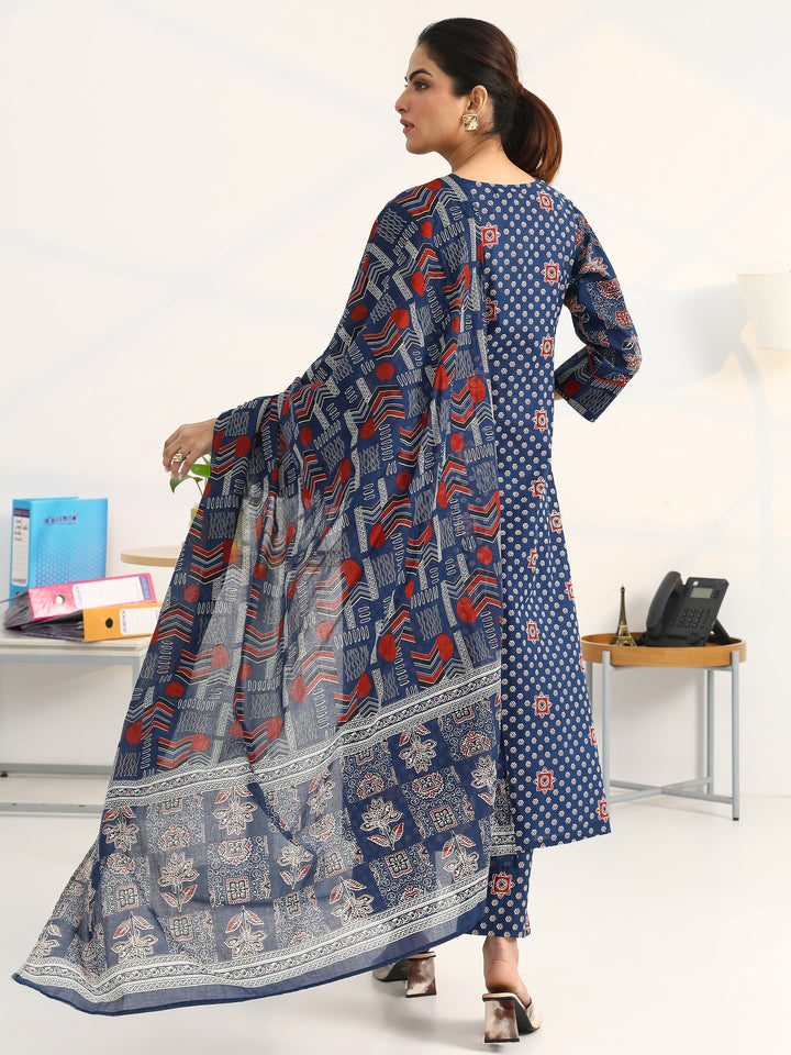 Blue Ethnic Motifs Printed Cotton Blend A-Line Suit Set With Dupatta
