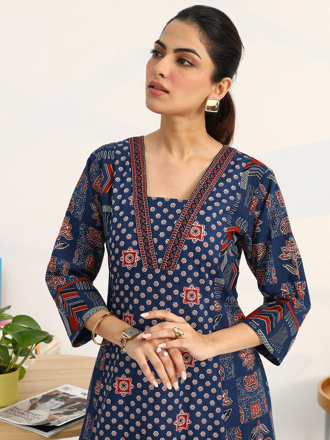 Blue Ethnic Motifs Printed Cotton Blend A-Line Suit Set With Dupatta