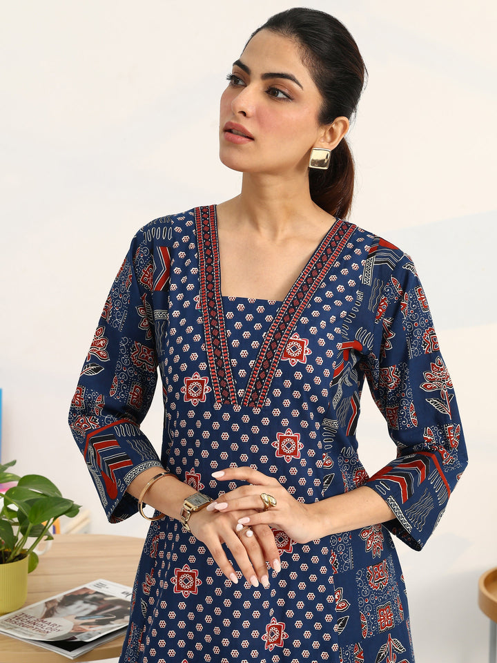 Blue Ethnic Motifs Printed Cotton Blend A-Line Suit Set With Dupatta