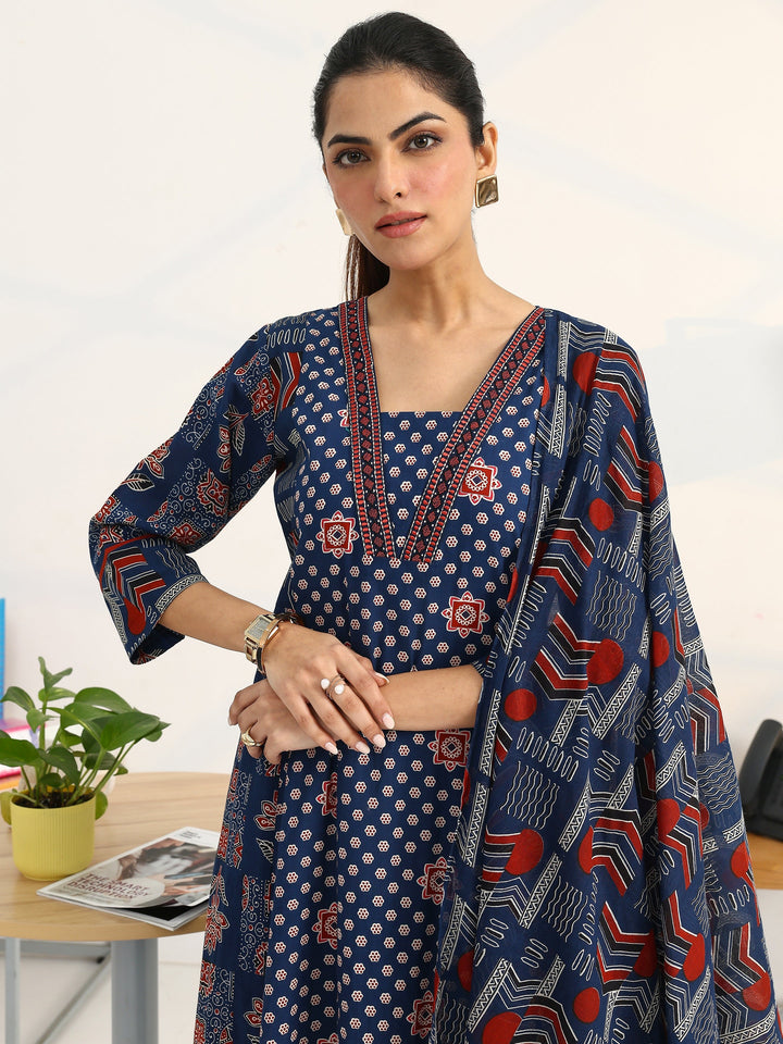 Blue Ethnic Motifs Printed Cotton Blend A-Line Suit Set With Dupatta
