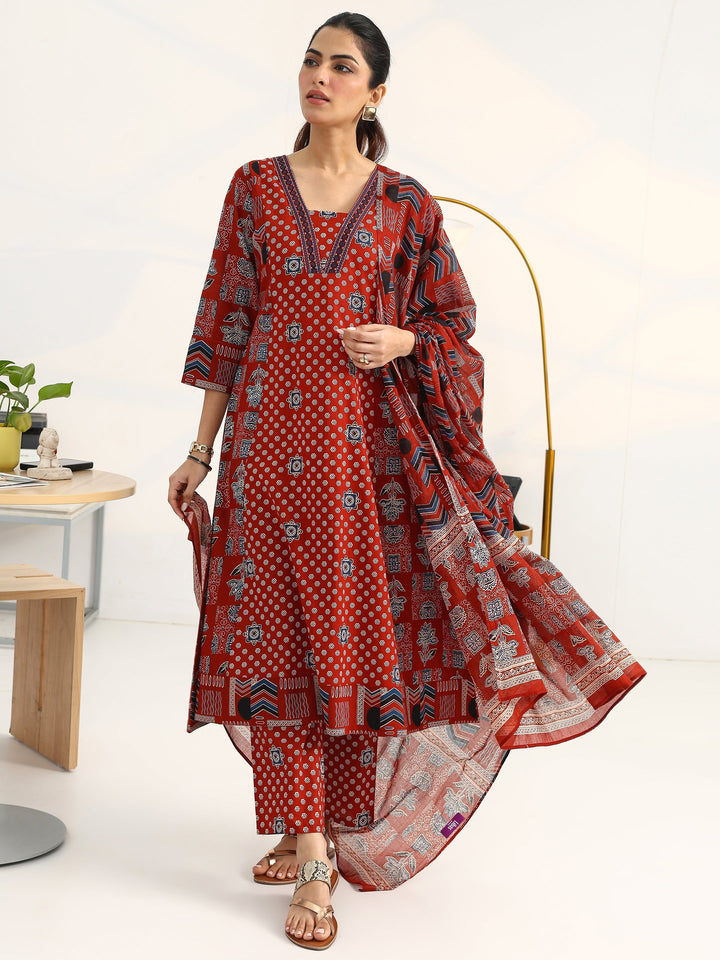 Rust Ethnic Motifs Printed Cotton Blend A-Line Suit Set With Dupatta