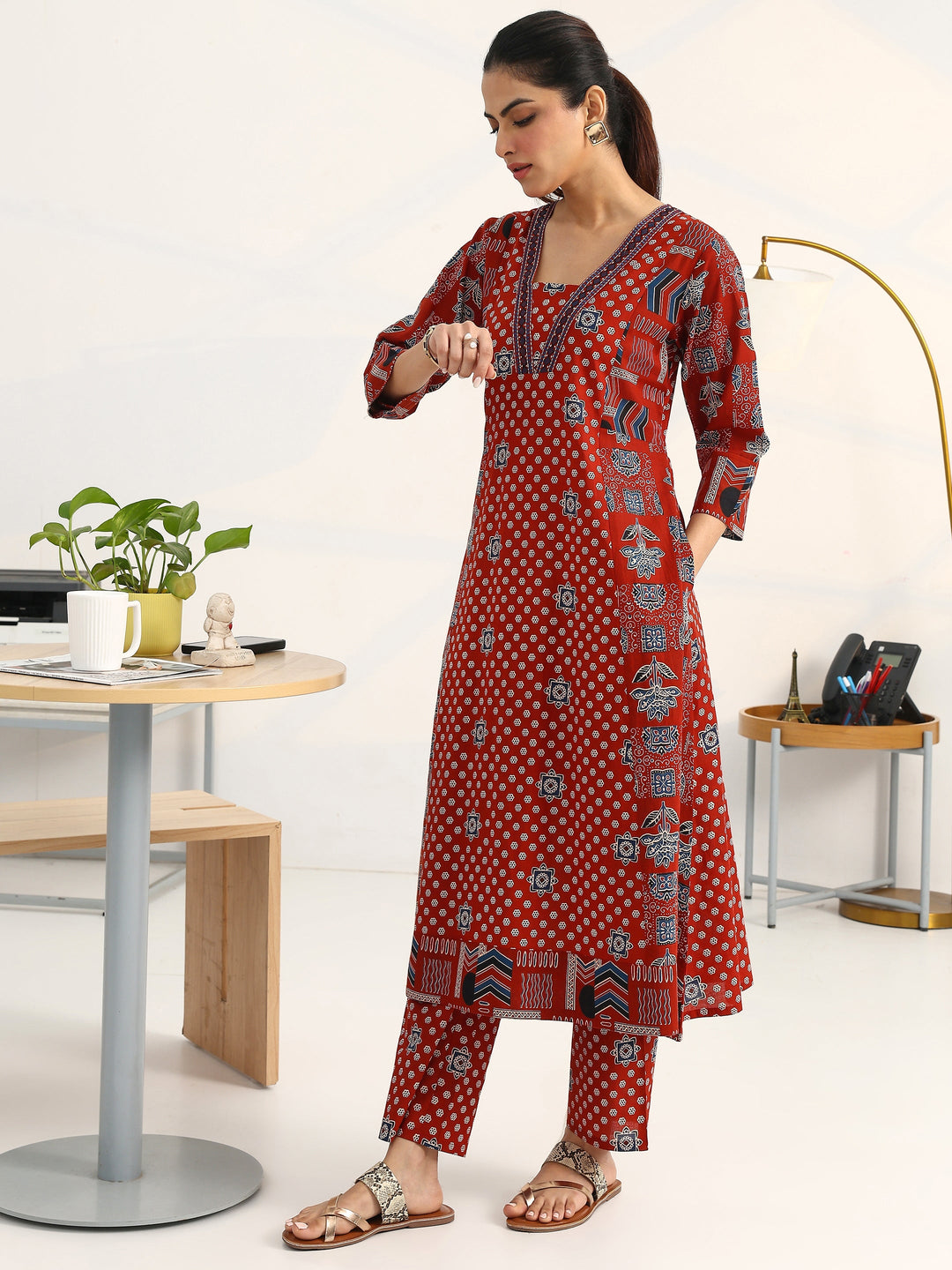 Rust Ethnic Motifs Printed Cotton Blend A-Line Suit Set With Dupatta