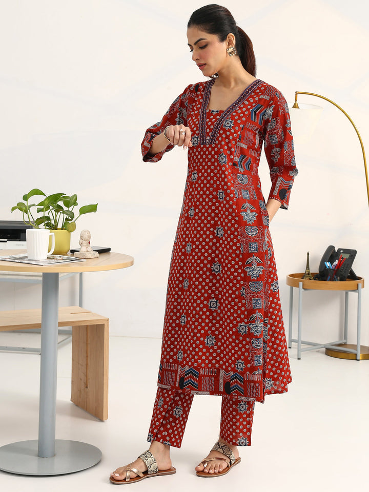 Rust Ethnic Motifs Printed Cotton Blend A-Line Suit Set With Dupatta