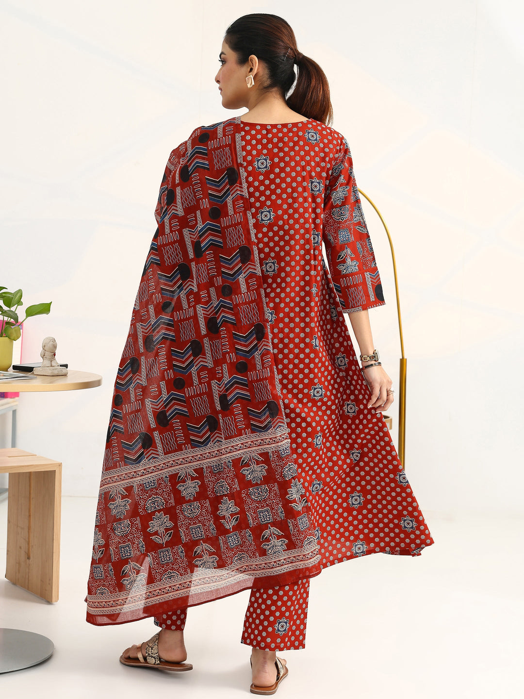 Rust Ethnic Motifs Printed Cotton Blend A-Line Suit Set With Dupatta