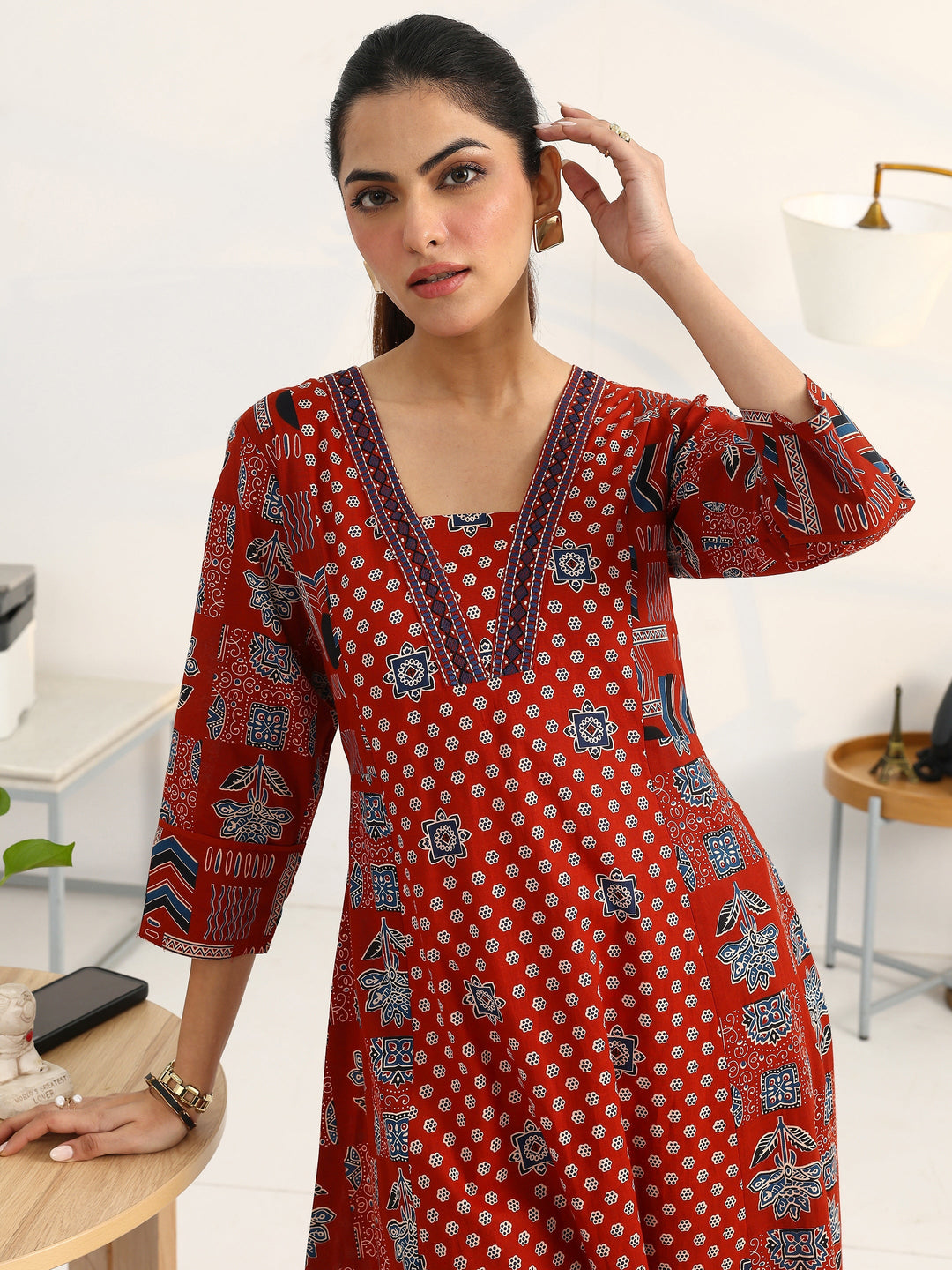 Rust Ethnic Motifs Printed Cotton Blend A-Line Suit Set With Dupatta