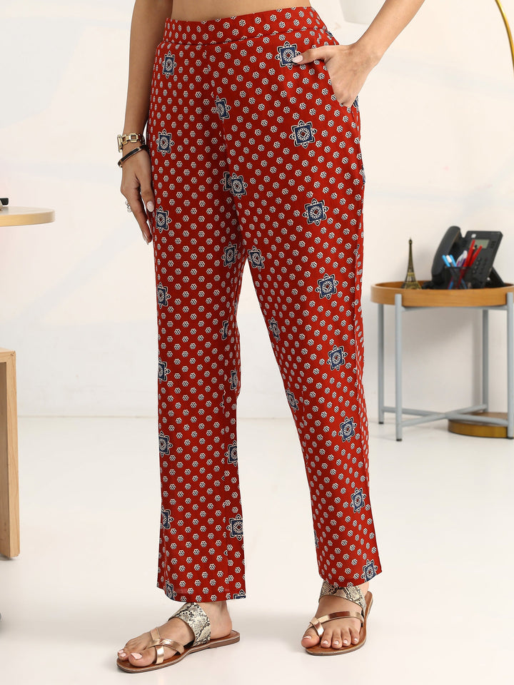 Rust Ethnic Motifs Printed Cotton Blend A-Line Suit Set With Dupatta