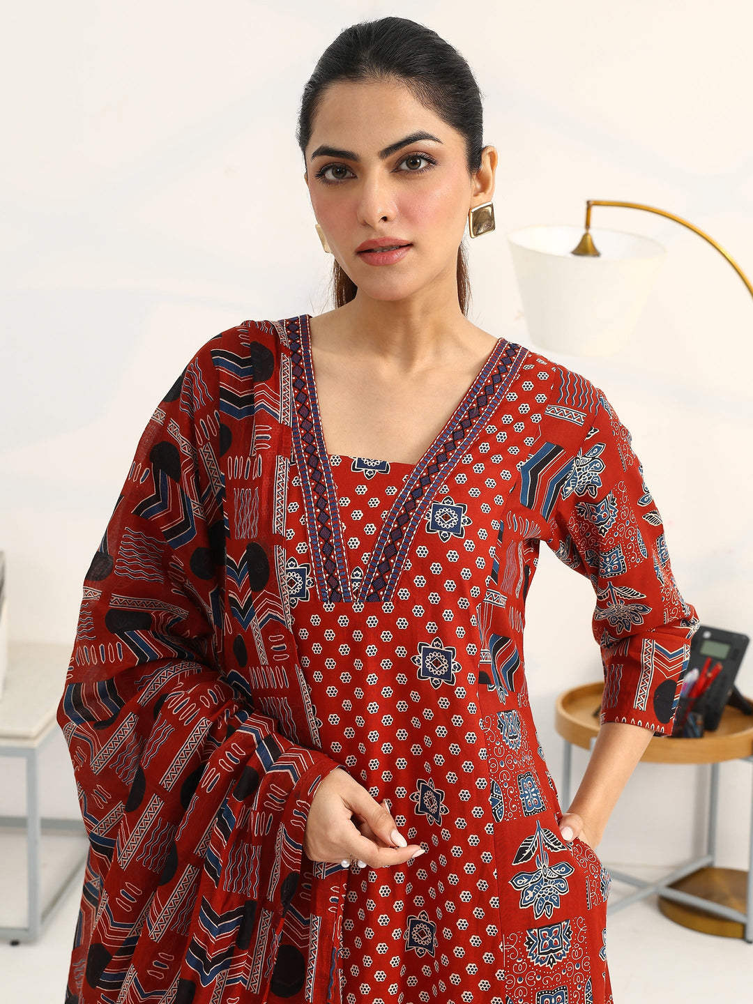 Rust Ethnic Motifs Printed Cotton Blend A-Line Suit Set With Dupatta