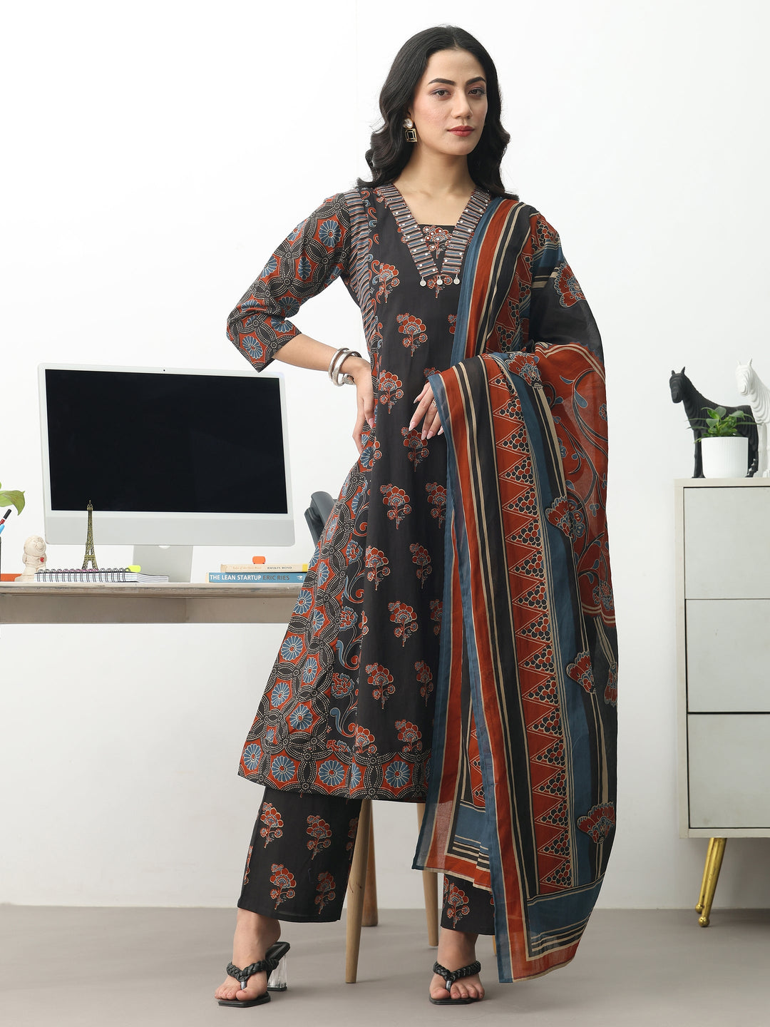 Black Floral Printed Cotton Blend A-Line Suit Set With Dupatta