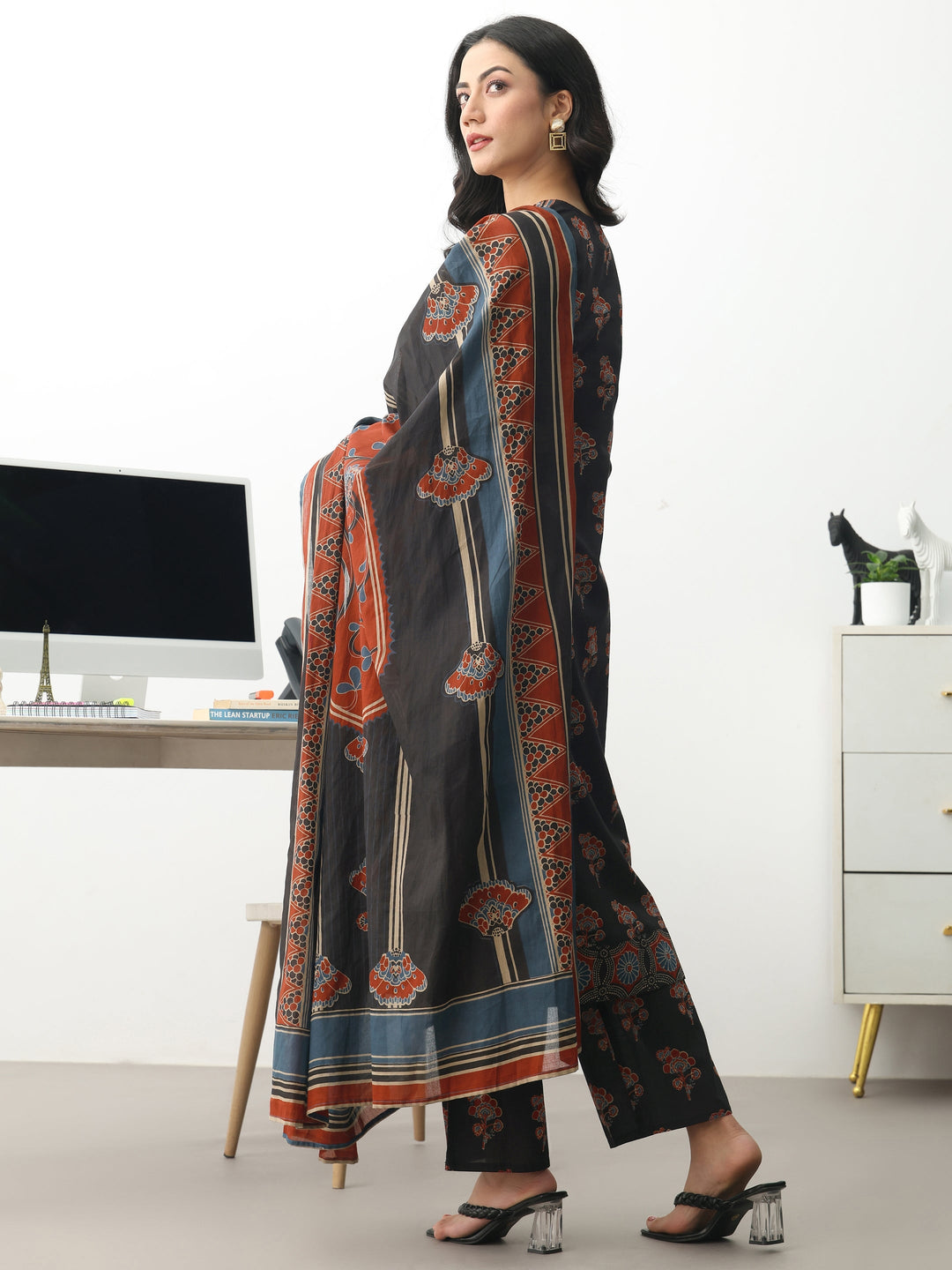 Black Floral Printed Cotton Blend A-Line Suit Set With Dupatta