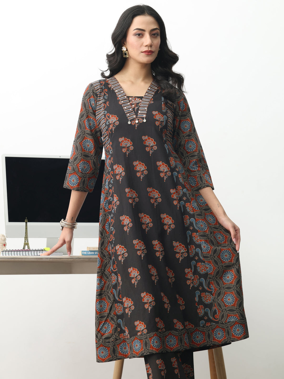 Black Floral Printed Cotton Blend A-Line Suit Set With Dupatta