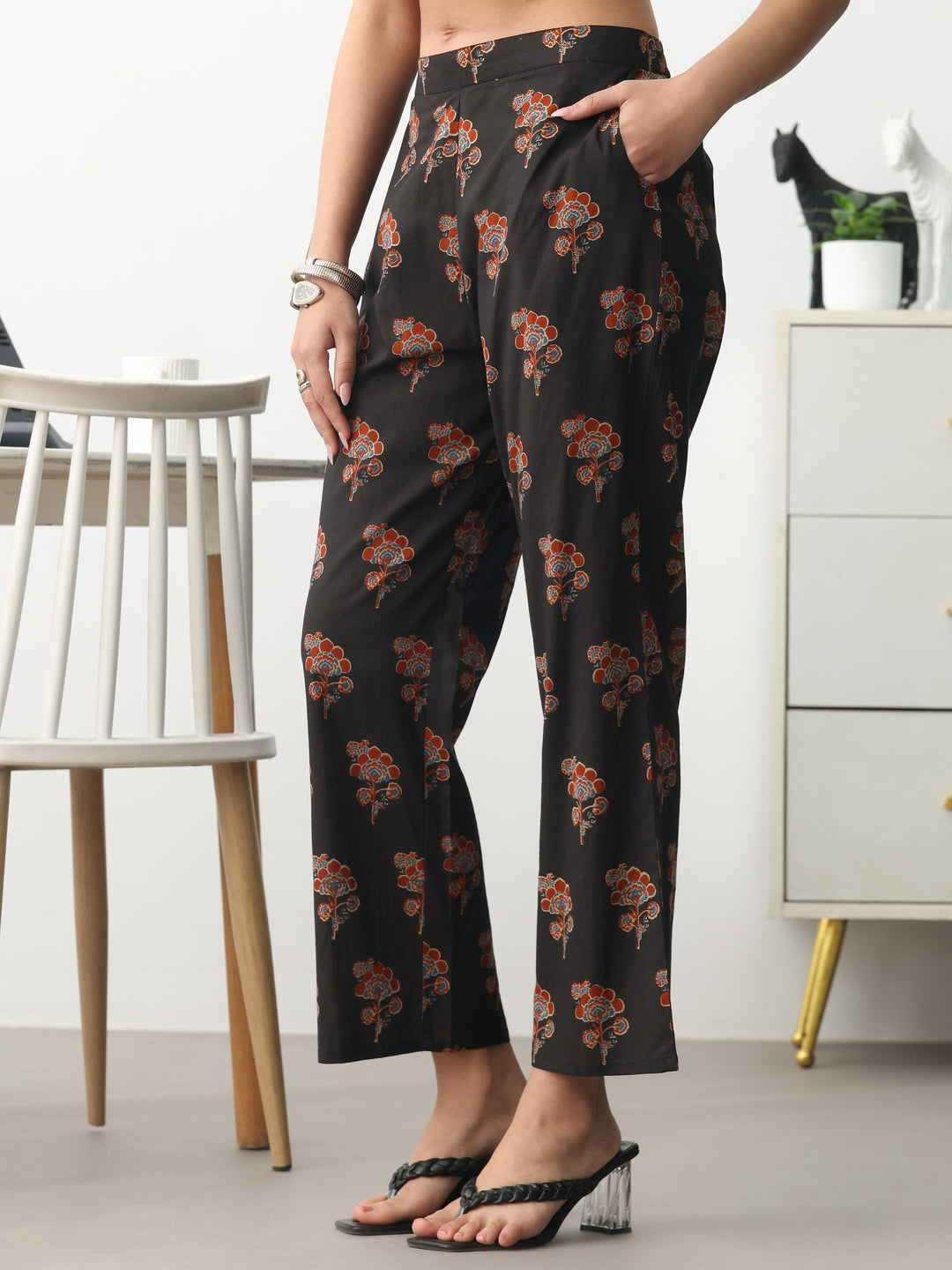 Black Floral Printed Cotton Blend A-Line Suit Set With Dupatta