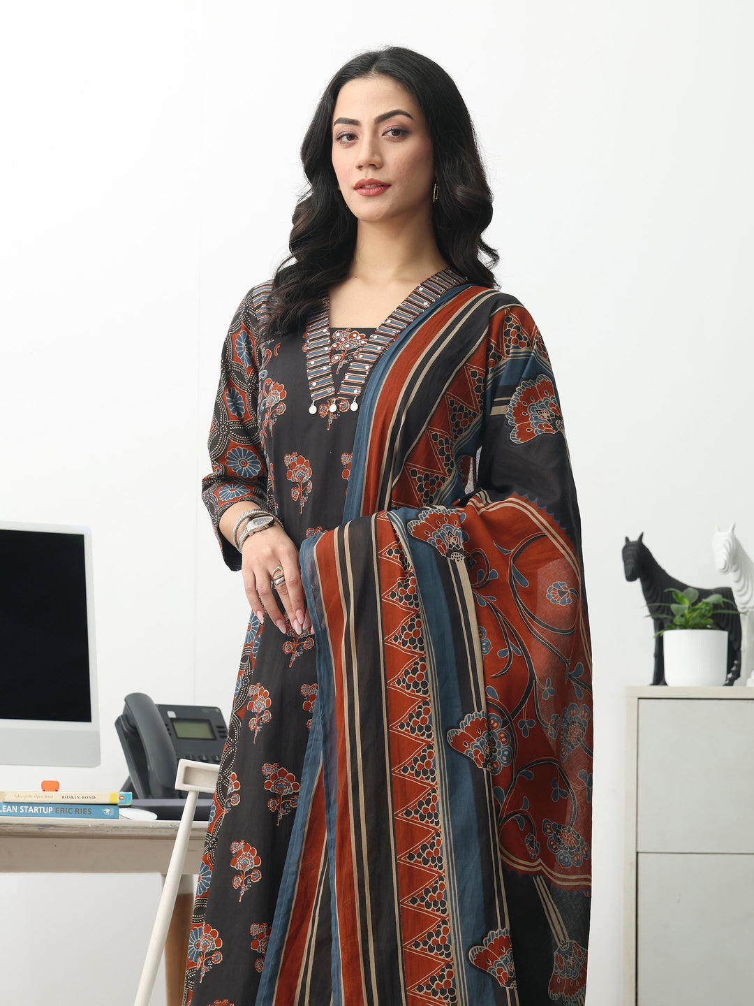 Black Floral Printed Cotton Blend A-Line Suit Set With Dupatta