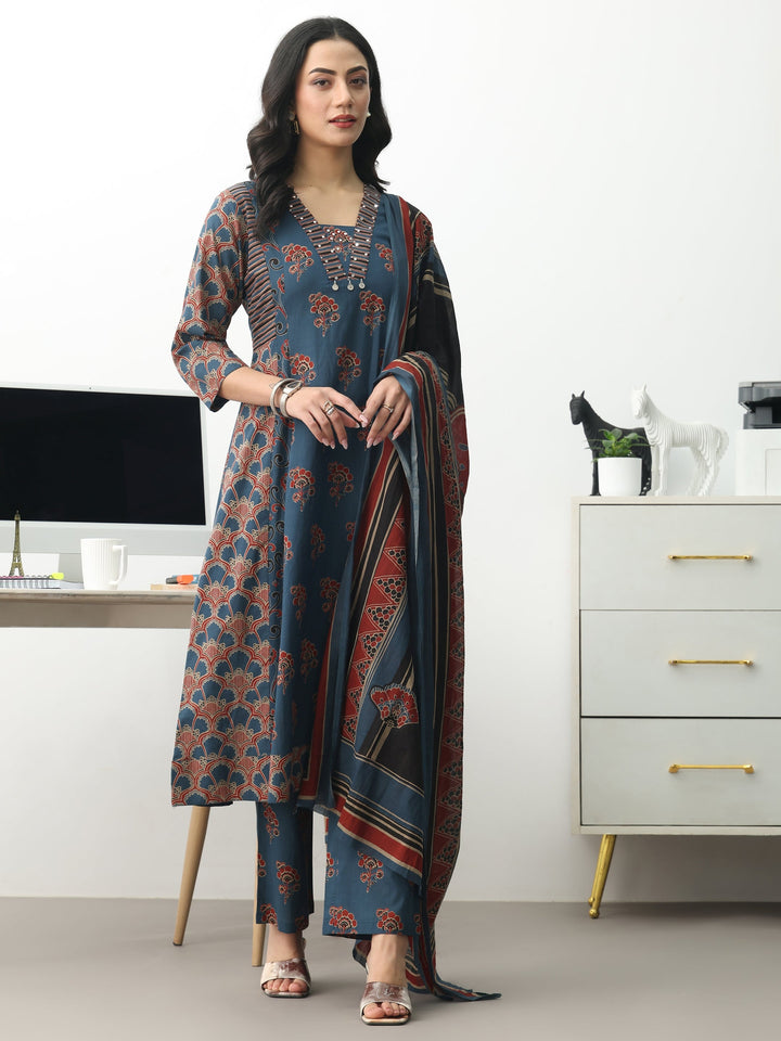 Blue Floral Printed Cotton Blend A-Line Suit Set With Dupatta
