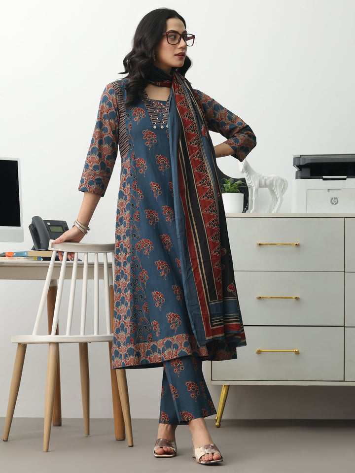 Blue Floral Printed Cotton Blend A-Line Suit Set With Dupatta