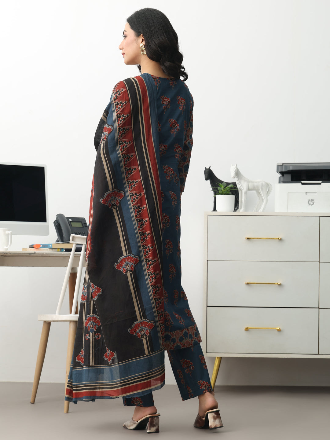 Blue Floral Printed Cotton Blend A-Line Suit Set With Dupatta