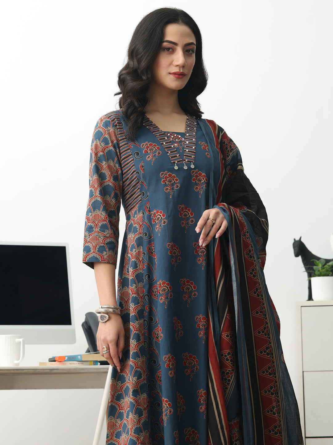 Blue Floral Printed Cotton Blend A-Line Suit Set With Dupatta