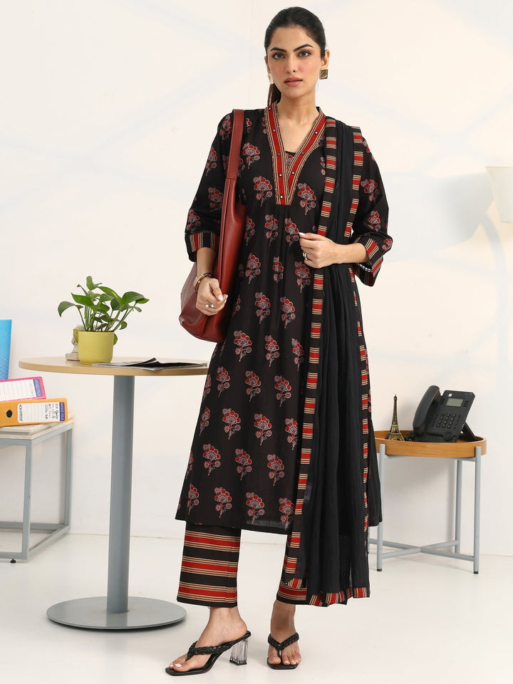 Black Floral Printed Cotton Blend A-Line Suit Set With Dupatta