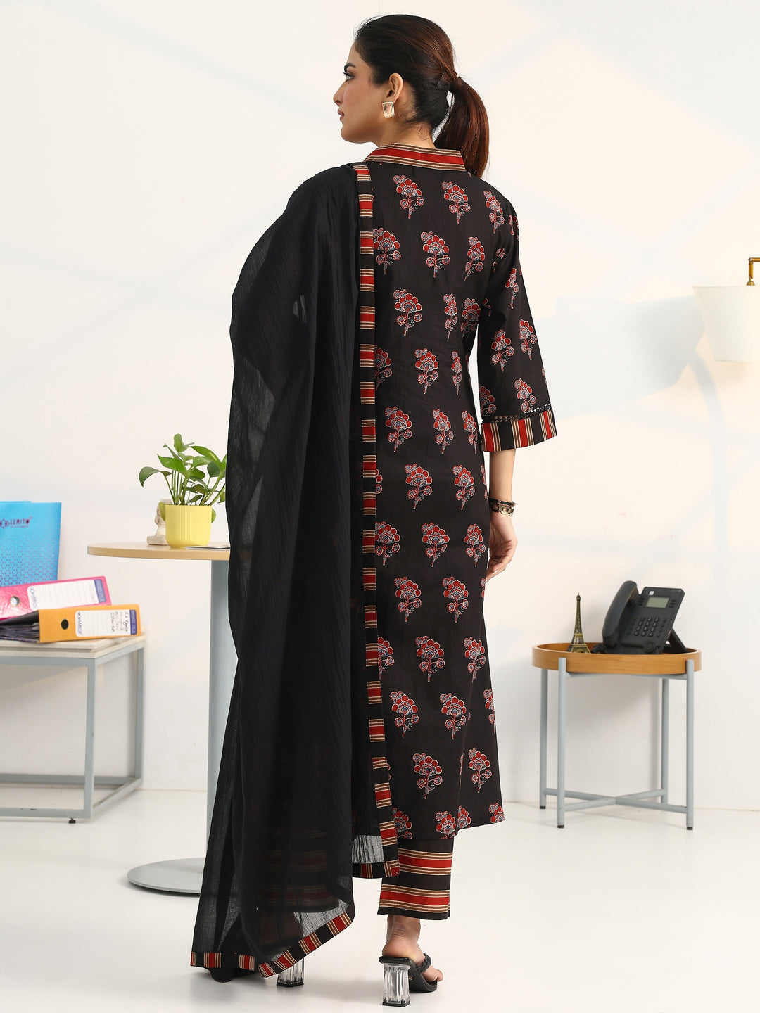 Black Floral Printed Cotton Blend A-Line Suit Set With Dupatta